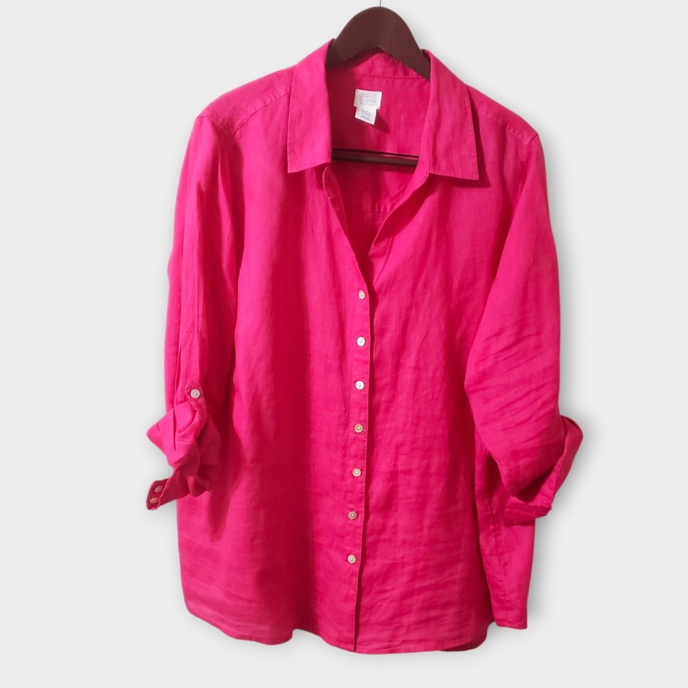 Sigid Olsen Womens 2X 100% Linen Button Down‎ Shirt Fuschia Pink Roll Tab Sleeve